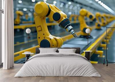 3d rendering robotic arms working on assembly line in factory. Smart industry 4.0 concept Wall mural