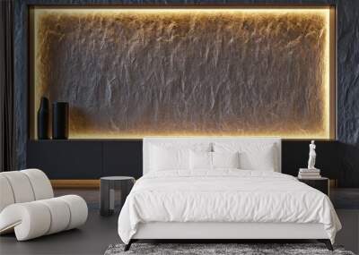 A contemporary dresser with matte finish, placed against a textured feature wall with lighting. Wall mural