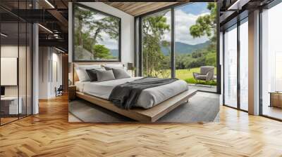 a modern bungalow bedroom with large windows offering a breathtaking natural view. The minimalist interior design features a sleek platform bed with clean lines and neutral tones, allowing the focus t Wall mural