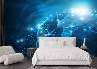 Abstract global network concept with blue glowing connections over the earth, map of Europe and America on starry sky background, information exchange in the cyber world Wall mural