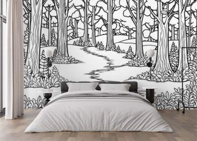 Black and white cartoon forest landscape, coloring page, bold outlines, cartoon style Wall mural