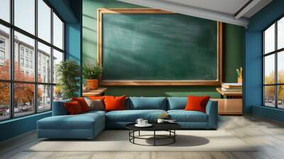 blank classic green chalkboard in a school classroom with subtle chalk dust, focusing on the timeless and serene learning environment Wall mural