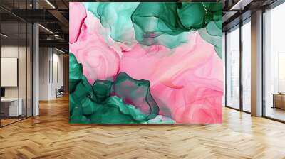 Blush pink and forest green abstract background with alcohol ink and textured oil paint. Wall mural