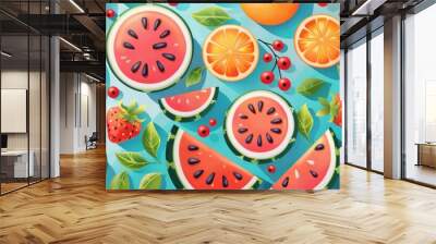 Bright and colorful mixed fruit pattern with watermelon, oranges, and berries Wall mural