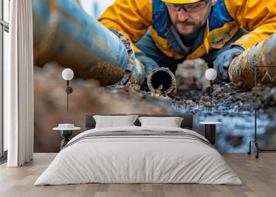 Construction worker repair a sewer line under a street Wall mural