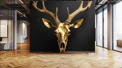 deer.a striking product photo that showcases a hyper-realistic posh gold deer skull with sharp antlers. Place it against a chic black wall and use studio lighting to bring out the intricate details, c Wall mural