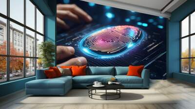 Future digital processing of biometric fingerprint scanners. The notion of surveillance and security scanning digital programs, as well as fingerprint biometrics. Cyber futuristic, future. AI is gener Wall mural