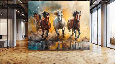 Horses running in water, digital painting of horses in motion. Wall mural