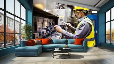 In a modern industrial factory, an engineer manages a machine, amidst robotics, robotic arms, and automation, overseeing the warehouse storage of products and materials Wall mural