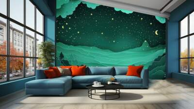 Mint green paper cutout of a starry night sky, portraying the vastness and mystery of the cosmos. Wall mural