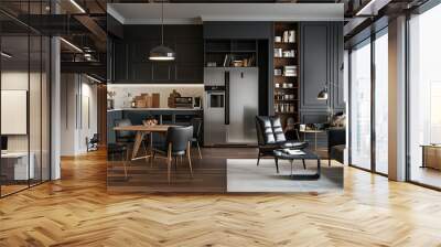 Modern interior of a kitchen and living room, with black colored walls and white shelves, gray marble walls, wood floor, a modern table in the center of the image, a refrigerator on the left side of t Wall mural