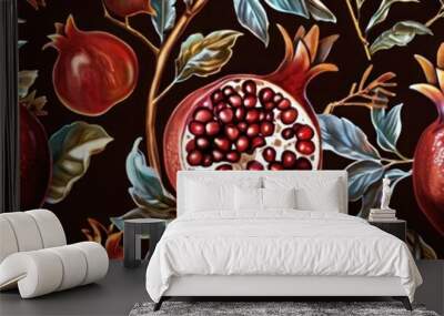 Oriental pomegranate pattern with intricate details and rich colors for luxury silk robes or high-end decor. Wall mural