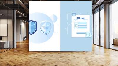 
This vector icon features two glassmorphism security shields and a document in a light blue background with white elements. The design has a vector style Wall mural