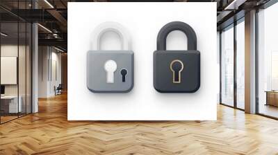 Two gray lock icons, one open and the other closed on a white background Wall mural