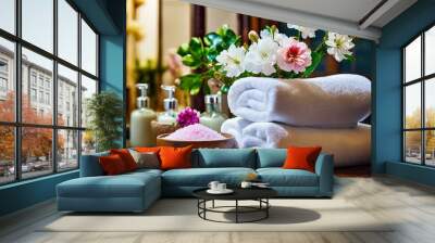 Wellness spa environment featuring white towels, aromatherapy flowers, and a calming bathroom atmosphere. Wall mural