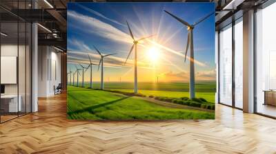 wind turbine at sunset.A line of sleek, modern wind turbines stretches across a rolling green landscape, their white blades slowly rotating under a clear blue sky with scattered clouds. The sun casts  Wall mural