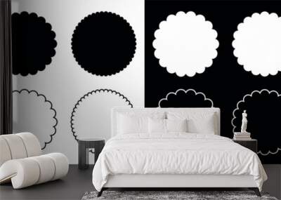 Circle silhouette fill and outline scalloped frames set isolated on black and white background. Wall mural