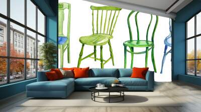 Green and blue wooden chairs painted in watercolour Wall mural