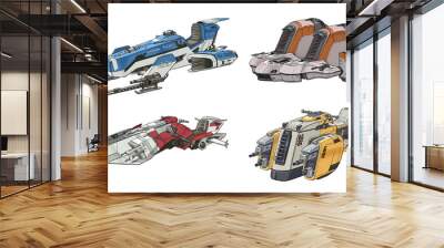 A digital illustration of sci-fi spaceships in futuristic technology concept isolated on white background. Wall mural