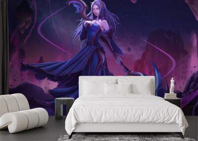 A digital illustration painting of the halloween fantasy witch and her powerful magic staff. Wall mural