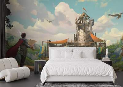 a landscape illustration of the medieval fantasy fortified castle and knights with colourful trees u Wall mural