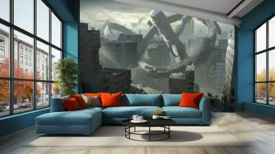 A scifi illustration of damaged UFO crashed in the city under dramatic sunlight and overcast sky scenery. Wall mural