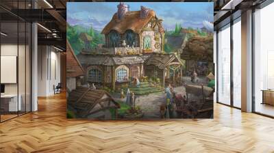 An illustration of the small medieval fantasy garden house in a town. Wall mural