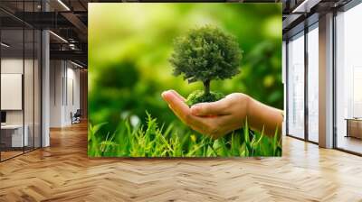 A conceptual image showing a man’s hand carefully gifting a small tree symbolises the importance of saving money and the environment. The visual highlights the concept of teco-friendly financial plan Wall mural