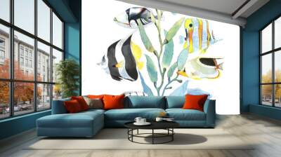 Round print with watercolor tropical fish and seaweed. Wall mural