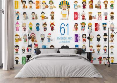 Kids Vector Characters Collection: Set of 61 Historical Ages and Civilizations in cartoon style. Wall mural