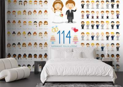 Set of 114 wedding characters and nuptial icons in cartoon style Wall mural