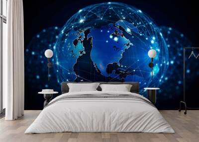 Dark blue high tech planet earth hologram. Global communication technology and telecommunication network. Wall mural