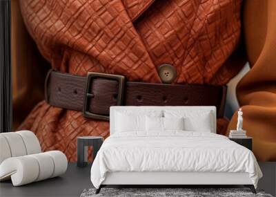 Fancy details of orange textured coat with leather brown belt. Autumn casual fashion style Wall mural