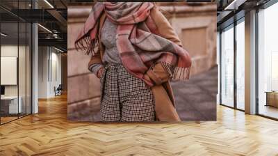 Woman in autumn stylish fashion brown long coat, scarf and plaid pants walking in the city. Female casual street style outfit Wall mural