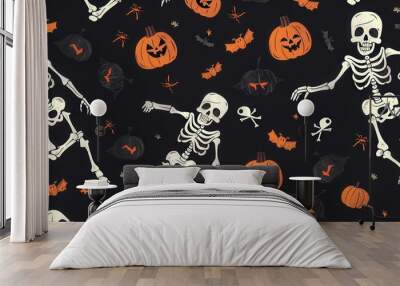 A spooky vector seamless pattern showcasing animated skeletons and skull motifs with hints of eerie orange and green against deep blacks and bright whites. Wall mural