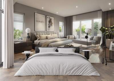 Contemporary bedroom with sleek furniture, neutral colors, and modern decor creating a serene and stylish space. Wall mural