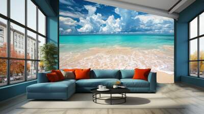 Tranquil beach scene showcasing turquoise waters, white sand, and a vibrant sky with colorful clouds. Wall mural