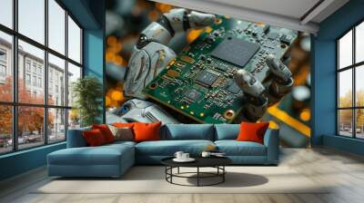 A close-up view of a robotic hand precisely holding a microprocessor above a circuit board filled with electronic components. Wall mural