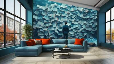 A contemplative man stands before an immense curved wall composed of floating open books, creating a surreal landscape of literature and learning Wall mural