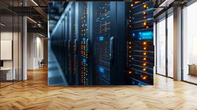 A detailed view of a contemporary data center server room with rows of high-tech equipment. Blue and orange LED lights indicate active network connections and system operations Wall mural