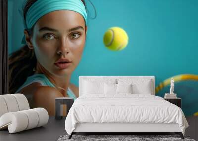 A dynamic photograph capturing a tennis player mid-swing as they hit the ball with focus and precision. Wall mural