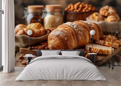 A rustic artisan bread composition featuring golden-brown croissants dusted with powdered sugar, sliced bread, and raw almonds on a wooden cutting board. Wall mural