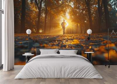 A solitary figure jogs along a sun-dappled path strewn with golden autumn leaves in a peaceful park setting Wall mural