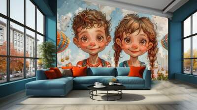 An illustration of two children from behind, standing in an amusement park filled with colorful hot air balloons. Wall mural