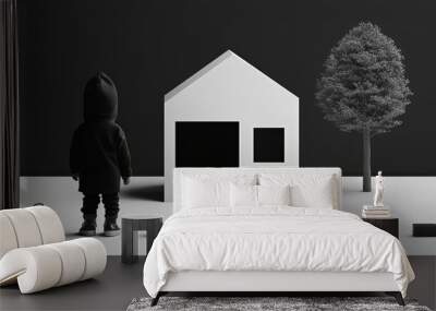 Black and white minimalist scene with child, house, tree, blocks. Wall mural