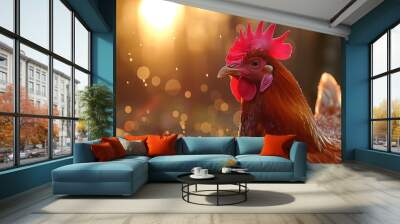 Close-up portrait of a majestic red rooster basking in the warm glow of sunset light. The bird’s detailed features are highlighted against a soft bokeh background. Wall mural