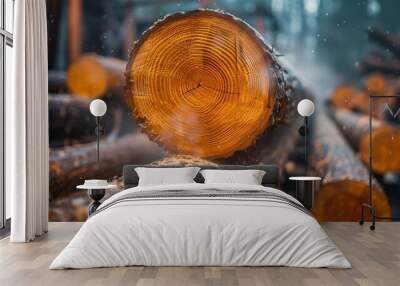 Close-up view of a stack of freshly cut timber logs with visible annual rings at a sawmill. Blurred background showing more wood and interior structure. Wall mural