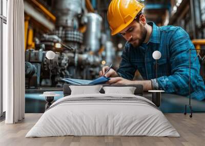 Professional engineer working on a clipboard with technical drawings, wearing safety gear with industrial machinery in the background Wall mural