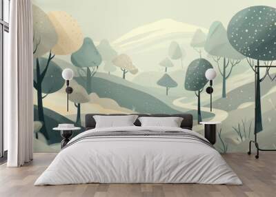 Modern minimalist illustration of forest, trees, and road with green atmosphere Wall mural