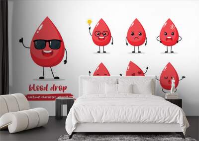 cute blood drop cartoon with many expressions. blood drop wear sunglasses different activity vector illustration flat design.	 Wall mural